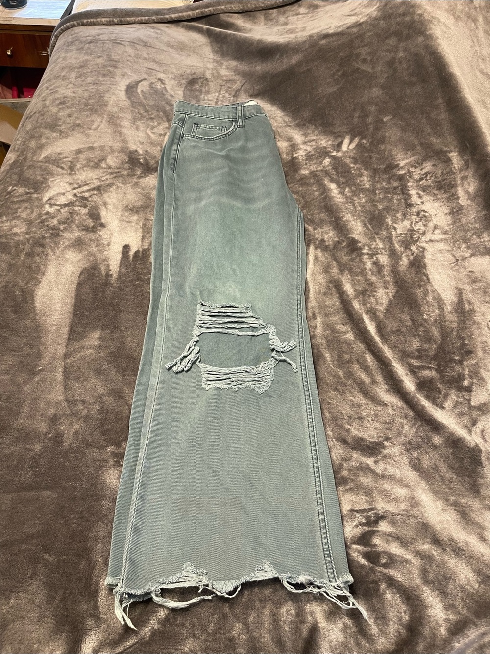 Distressed High-Waist Straight Leg Jeans - Slate Green wide leg